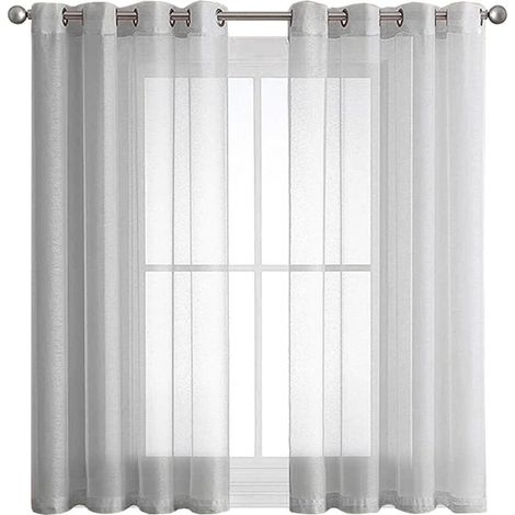 Rideau Voilage Blanc à Oeillet Semi-Transparent Effet Lin 2 Pièces 140x145 cm Décoration Fenêtre Salon Chambre Cuisine Balcon Léger Romantique Gris (1/4)