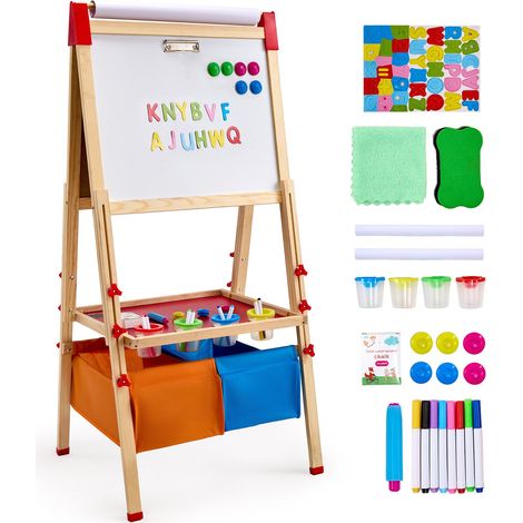 Chevalet d'Art Enfants 3-en-1 Tableau Magnétique Blanc Noir Double Face, Planche à Dessin Bois Debout Réglable, Accessoires, Rangement, Support Rouleau Papier, pour Créativité, Garçons, Filles (1/5)