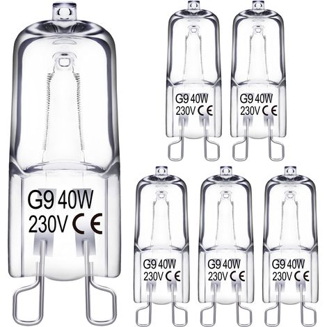 Bombilla halógena G9, 40 W, 230 V, ángulo de haz de 360 grados, bombillas cápsula G9 para lámparas de araña, paredes, mesitas de noche y galerías. (1/5)