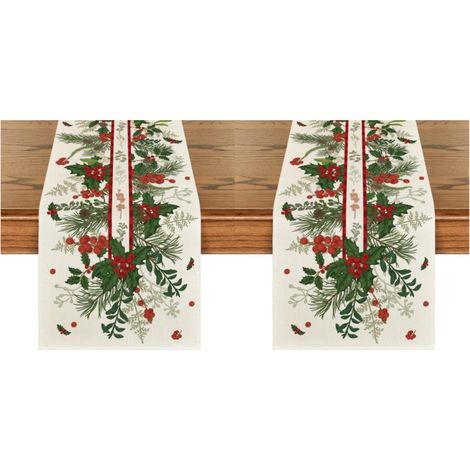 Chemin de table de Noël en sapin et houx, 33 x 183 cm Motifs floraux et feuilles coniques, décoration de table hivernale (2 pièces) (1/4)