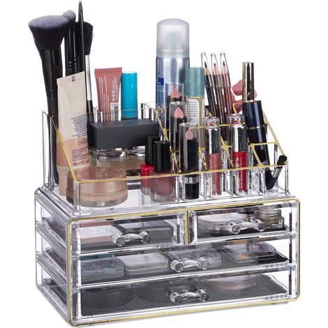Relaxdays Organizer Make-up, Contenitore con Porta-Rossetti 4 Cassetti Acrilico, Beauty Box Salvaspazio, Trasparente Oro