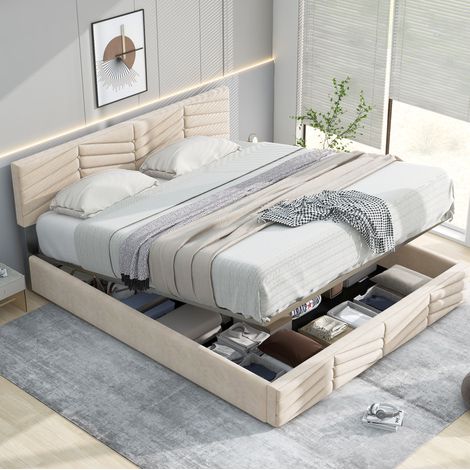 MEUBLIV Lit capitonné 140 x 190 cm avec sommier et tête de lit réglable velours beige pour chambre adulte et jeune (1/5)