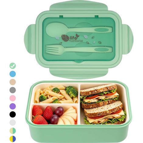 Portapranzo Bento Grande da 1400 ml per Adulti e Bambini, a Tenuta Stagna, con 3 Scomparti e Posate, Adatto al Microonde, Ideale per la Scuola e l'Ufficio, 20 × 13,5 × 7 cm (Verde) (1/5)