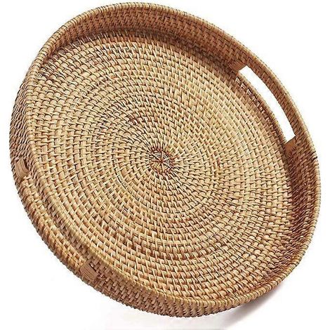 Plateau rond en rotin tressé avec poignées pour table basse, style ottoman, couleur naturelle décorative (Grand format : 35,5 cm x 6 cm) (1/4)