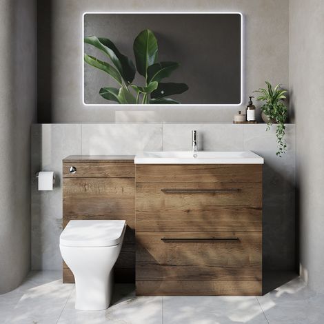 Napoli 460 Tobacco Oak 1300mm 2 Drawer Vanity Unit Toilet Suite with Glide Basin - 1300mm - Chrome 480mm HandleWith Kingston Toilet Pan and Seat