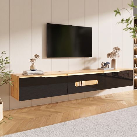 Meuble TV Suspendu 180cm avec LED Contrôle par App, Montage Mural ou au Sol, Style Moderne, Noir et Bois (1/5)