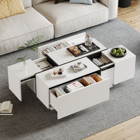 Table basse carrée blanche 100x60x40 cm design patchwork brillant 4 tiroirs plateau coulissant meuble salon moderne rangement fonctionnel charge élevée élégant