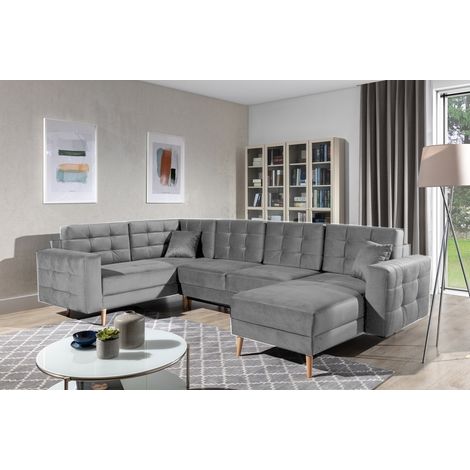 Canapé panoramique convertible - ASMA VELOURS - en tissu de qualité 5 places, gris, méridienne à droite et angle à gauche (vu de face) (1/5)