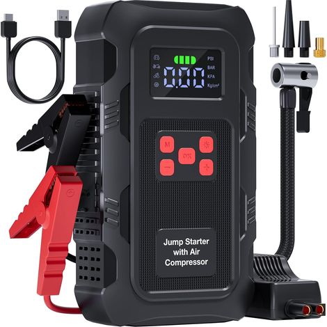 Booster Batterie Voiture avec Gonfleur Pneus Voiture 150PSI, Démarreur Batterie 12V pour 10L Essence/8L Diesel, Booster avec Arrêt Automatique, Lampe LED, Sortie USB (Rouge) (1/5)