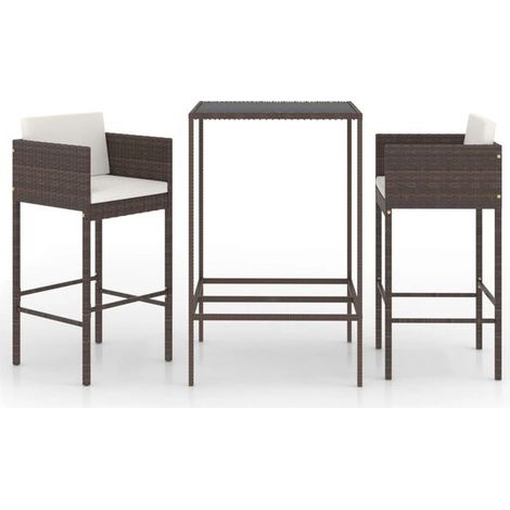 Ensemble de mobilier de bar de jardin trois pièces avec coussins, en résine tissée marron. (1/5)