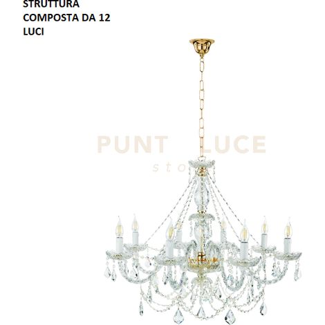 LAMPADARIO OPERA 12 LUCI TRASPARENTE E ORO ATTACCO E14 VETRO E CRISTALLO D.100CM