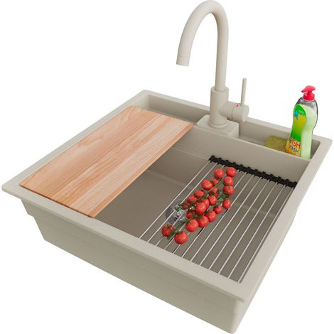 PRIMAGRAN Evier Cuisine en Granit 56x54cm,Lavabo 1 bac + Robinet 32x20cm + Kit de Vidage + Accessoires, Évier à Encastrer au meuble 60cm - Bergen Pocket, Beige (1/5)