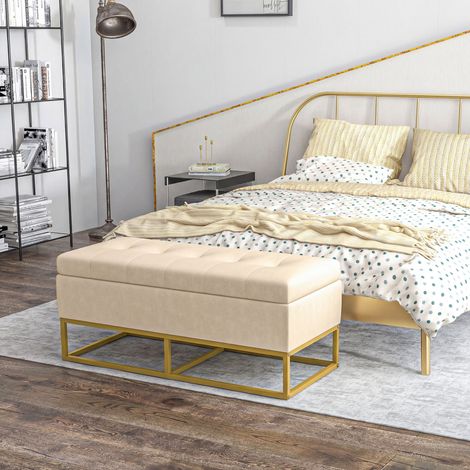 Panca contenitore con bottoni decorativi, effetto flanella, gambe in acciaio color oro, 110 x 47 x 46,5 cm (1/5)