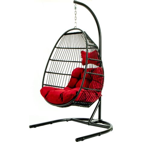 Sedia a Dondolo Poltrona Pensile Sospesa in Rattan  Modello Klea 3 colori Cuscino Rosso (1/5)