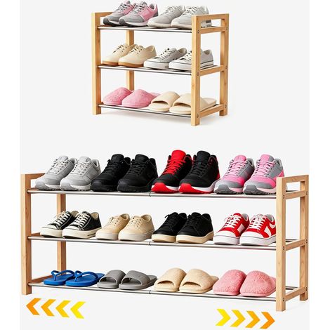Étagère à chaussures en bois, 3 niveaux en chêne extensible, design en acier inoxydable, idéal pour le rangement de petites chaussures pour un espace étroit, convient pour les entrées, les (1/5)