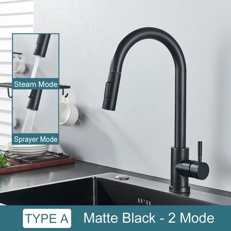 Robinet de cuisine rétractable (noir) avec mitigeur eau chaude/eau froide à deux jets. (1/5)
