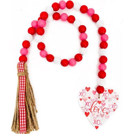 Guirlande De Perles En Bois - Cordon En Coton - Coeur En Bois De Lotus - Pompons - 85 Cm - Décoration Rustique Pour Plateau À Étages - 1 Pièce (1/5)