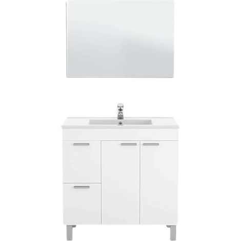 Meuble de salle de bain avec 2 portes 2 tiroirs et miroir Blanc brillant, dimensions : 80 x 80 x 45 cm (hauteur x largeur x profondeur, en centimètres), modèle Aktiva (sans lavabo) (1/5)