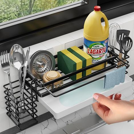Narrow Kitchen Sink Organisateur avec bac à drip et supports, mural sans perçage accessoires de cuisine auto-adhésif (1/5)