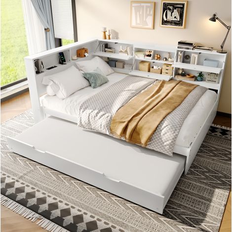 Lit banquette 140 x 200 cm en pin blanc avec tête de lit rangement, lit gigogne et USB-C (1/5)