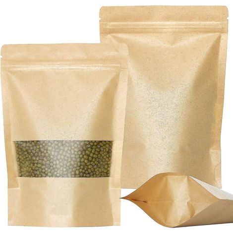 50 sachets kraft à fermeture zip, format stand-up, avec encoche et fenêtre mate - 14 x 20 cm (1/5)