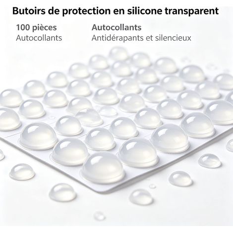 Butées adhésives en silicone transparent 10 x 3 mm, lot de 100 pastilles hémisphères anti-chocs, protection meubles et sols - Transparent (1/5)