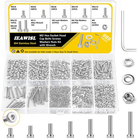 989 Pièces Coffret Boulons et Écrous M2 Complet, Vis à Tête Cylindrique à Empreinte Hexagonale avec Écrous et Rondelles, Acier Inoxydable 304 pour Réparation Machines et Bricolage, Clé Allen Incluse (1/5)