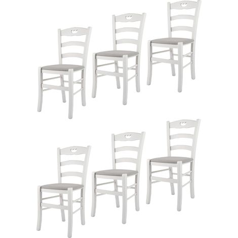 Tommychairs - Set 6 chaises VALENTINA pour cuisine, bar et salle à manger, robuste structure en bois de hêtre lacqué en couleur blanc et assise rembourrée et revêtue en tissu couleur gris perle (1/5)