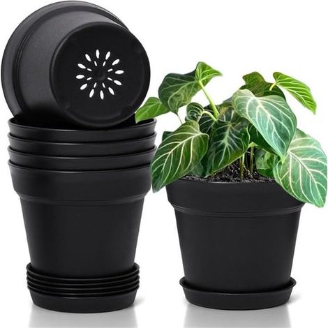 Ynkkvre - Pot de fleurs avec soucoupe, lot de 6 pots d'intérieur en plastique noir - Pots de 14,5 cm avec trous de drainage et soucoupes - Pots décoratifs pour plantes d'intérieur et succulentes (1/5)
