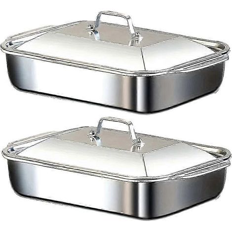 Ensemble de 2 plats à four en acier inoxydable avec couvercle - Idéal pour la cuisson du poisson, des pâtes et les grillades, compatible four et lave-vaisselle (1/5)