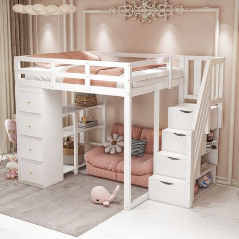 Lit mezzanine 140x200 cm avec maxi rangement - Tiroir, commode et échelle avec tiroirs - Bois massif blanc (sans Matelas) (1/5)