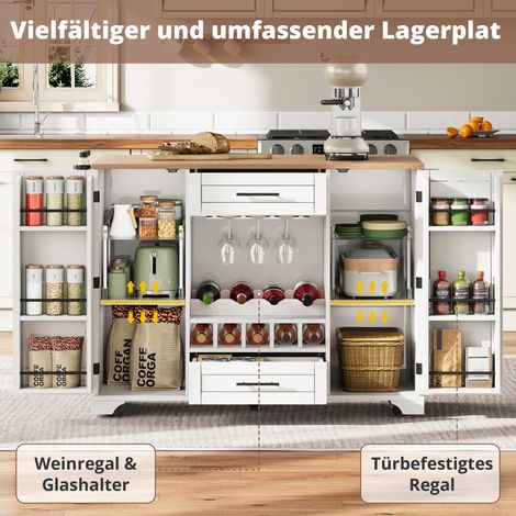 Chariot cuisine blanc 120x45/70x92cm plan de travail pliant avec porte-vin,verres et accessoires,rangement multifonction. (1/5)