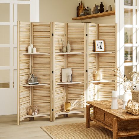 Paravent intérieur en bois 4 panneaux 160 x 170 cm, séparateur de pièce pliable 3 étagères, bois naturel effet brûlé (1/5)