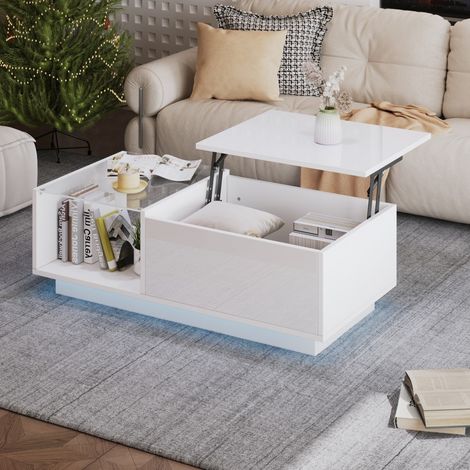 Table Basse Relevable - 100x50x33cm - Plateau Hydraulique Coffre Intérieur Éclairage LED APP Effet Brillant Verre Salon - Blanc (1/5)