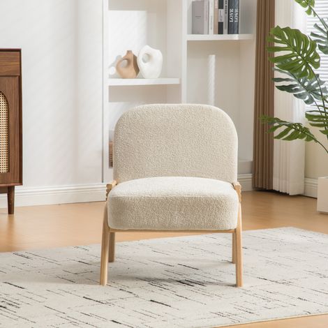 Fauteuil lounge scandinave tissu chenille beige bois robuste salon chambre