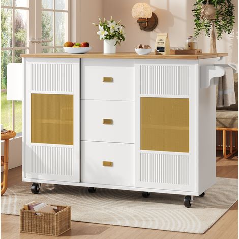Carrello da cucina su ruote 146,85x70x90 cm con vassoio ribaltabile, 3 cassetti, in MDF e metallo, bianco (1/5)