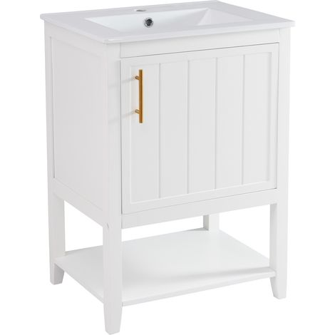 Meuble de salle de bains avec vasque simple, meuble sous-vasque 60 cm avec lavabo en céramique, avec tablette, blanc (1/5)