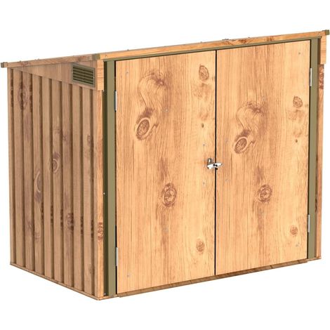 abri pour poubelles pour 2 avec ouverture par le haut et portes doubles verrouillables, abri de jardin en métal, cachettes pour poubelles, 154x96x131 cm, grain de bois (1/5)