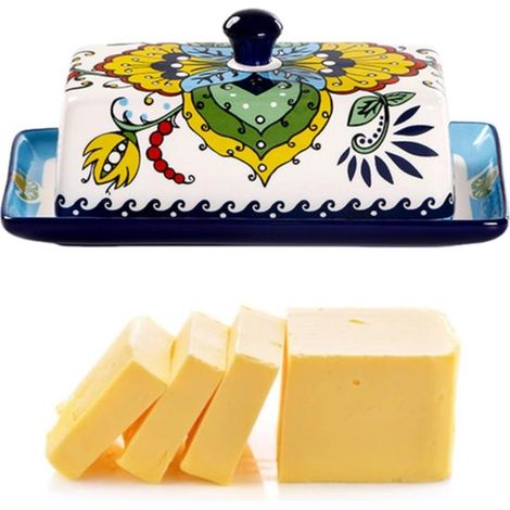 Beurrier en céramique avec couvercle - beurrier - beurrier avec couvercle - Plateau à beurre - Plat à pâtisserie - Plateau à beurre - Boîte à fromage - Boîte de conservation multicolore (1/5)