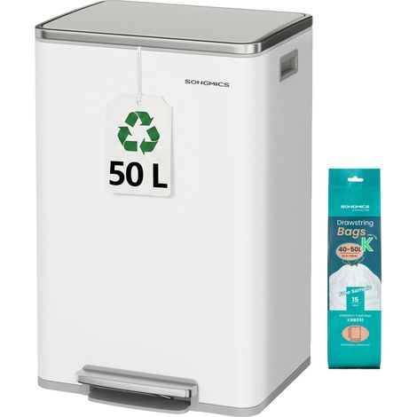 Poubelle de Cuisine 50 L, avec 15 Sacs Poubelle, en Acier, Seau Intérieur Amovible en Plastique, avec Couvercle, Poignées, Fermeture en Douceur, Blanc Nuage LTB595WC01 (1/5)