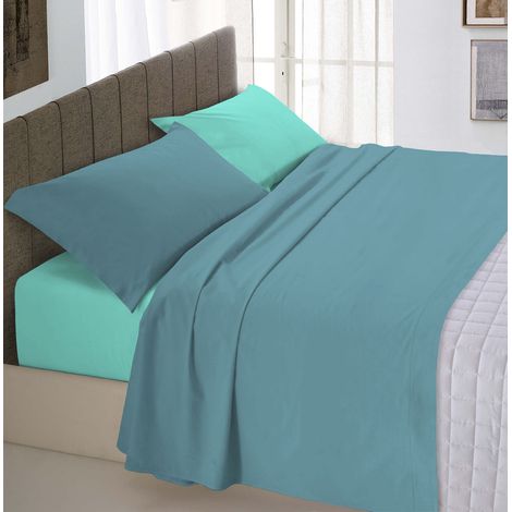 Copripiumino sacco+federa 100%cotone made in Italy bicolore tinta unita Ottanio-Verde - 1 Piazza