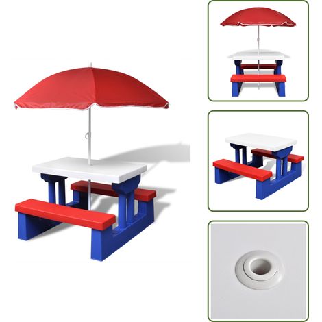 Juego de mesa y banco - vidaXL Mesa de picnic y bancos para niños y sombrilla multicolor - Mesa para niños