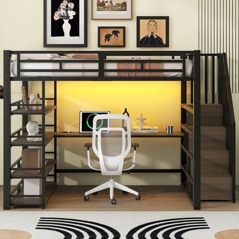 Lit Mezzanine métal-escalier-bureau intégré-rangements-port USB-LED-noir-254,8x148x170cm-Sans Matelas (1/5)