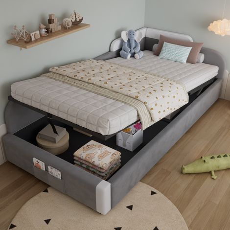 Kinderbett mit Stauraum 90x200 Polsterbett Samt OKMYHOME (1/5)