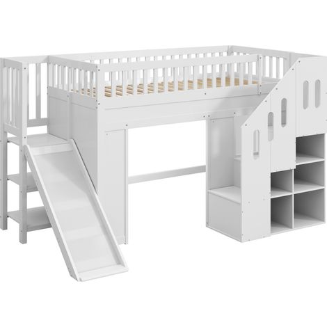 Cama alta infantil 90x200 cm con tobogán, escalera de almacenaje y LED, blanca (1/5)