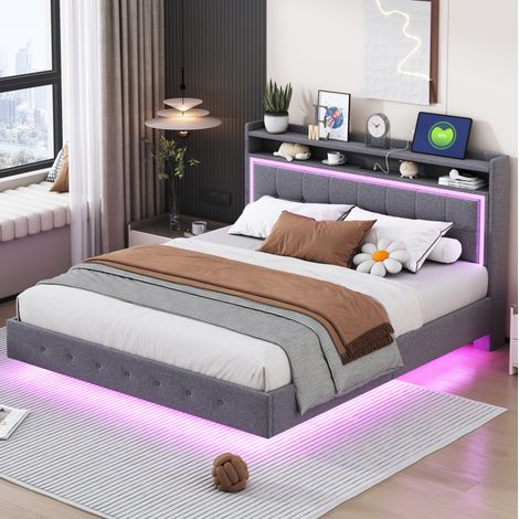 DESVIAE Lit double rembourré avec prise USB et éclairage LED 160 x 200 cm en lin gris avec rangement en tête de lit pieds cachés structure en métal et lattes Mano Mano (1/5)