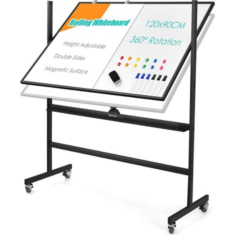 GOPLUS Lavagna Magnetica Bianca, Ruotabile a 360°, Regolabile in Altezza, 4 Ruote Bloccabili, con Pennarelli, Cancellino, Magneti Colorati e Carta Lavagna, per Educatori, Scuole, Uffici
