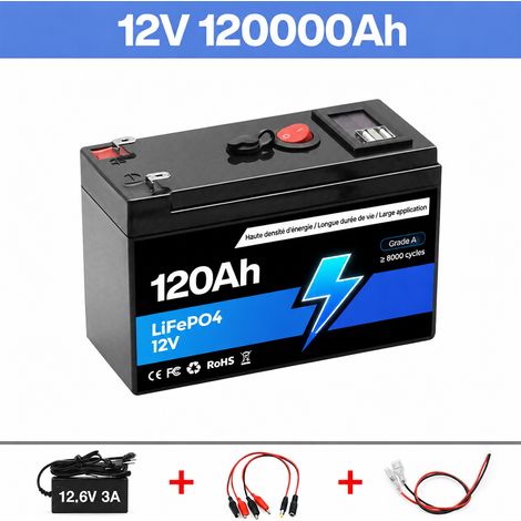 Batterie Lithium 12V 120Ah avec Chargeur, Câble avec Pinces Crocodiles et Câble à Cosses 150x64x95 mm Noir – 15 × 6,4 × 9,5 cm – Livraison gratuite (1/5)