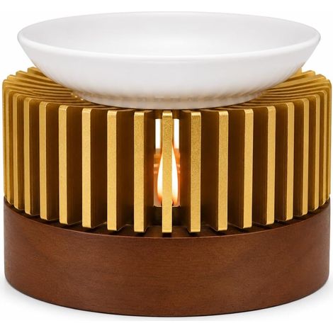 Lampe parfumée pour huiles essentielles, bougie chauffe-plat en cire Brûleur d'encens Ø 11 cm, diffuseur d'arômes en aluminium avec bol en céramique pour aromathérapie et décoration (doré) (1/5)