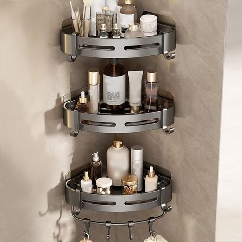 Adhesive triangular corner shower shelf, no drilling required, rustproof wall-mounted shower bracket, triangular shower shelves for bathroom and kitchen, gray (1/4)